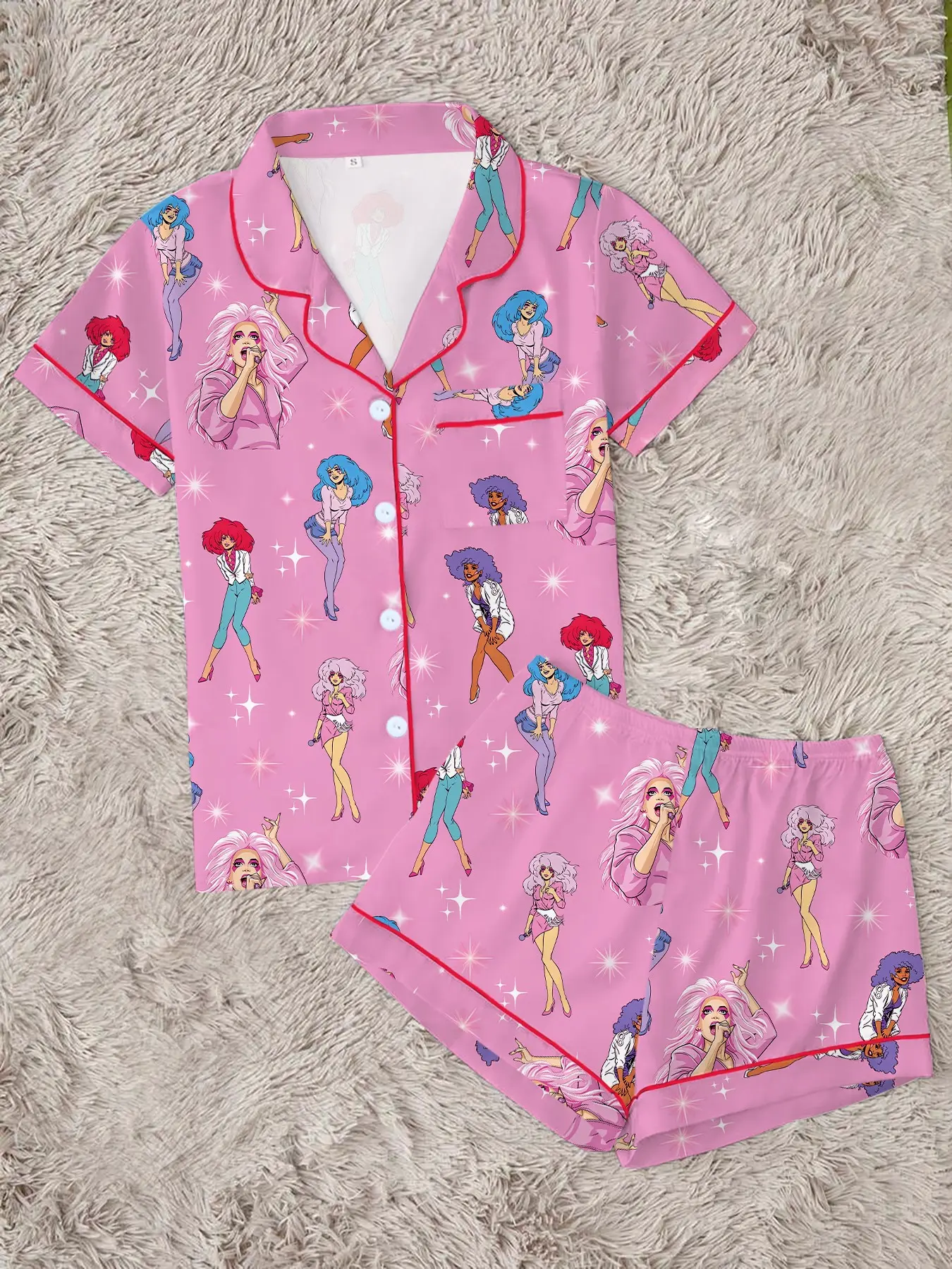Cute Pink Retro Rock Girl Graphic Pajama Set for Women | 80s Disco Singer Button Up Sleepwear | Soft 2-Piece Short Sleeve Summer Lounge Set | Aesthetic Sleepover PJs | Novelty Party Outfit