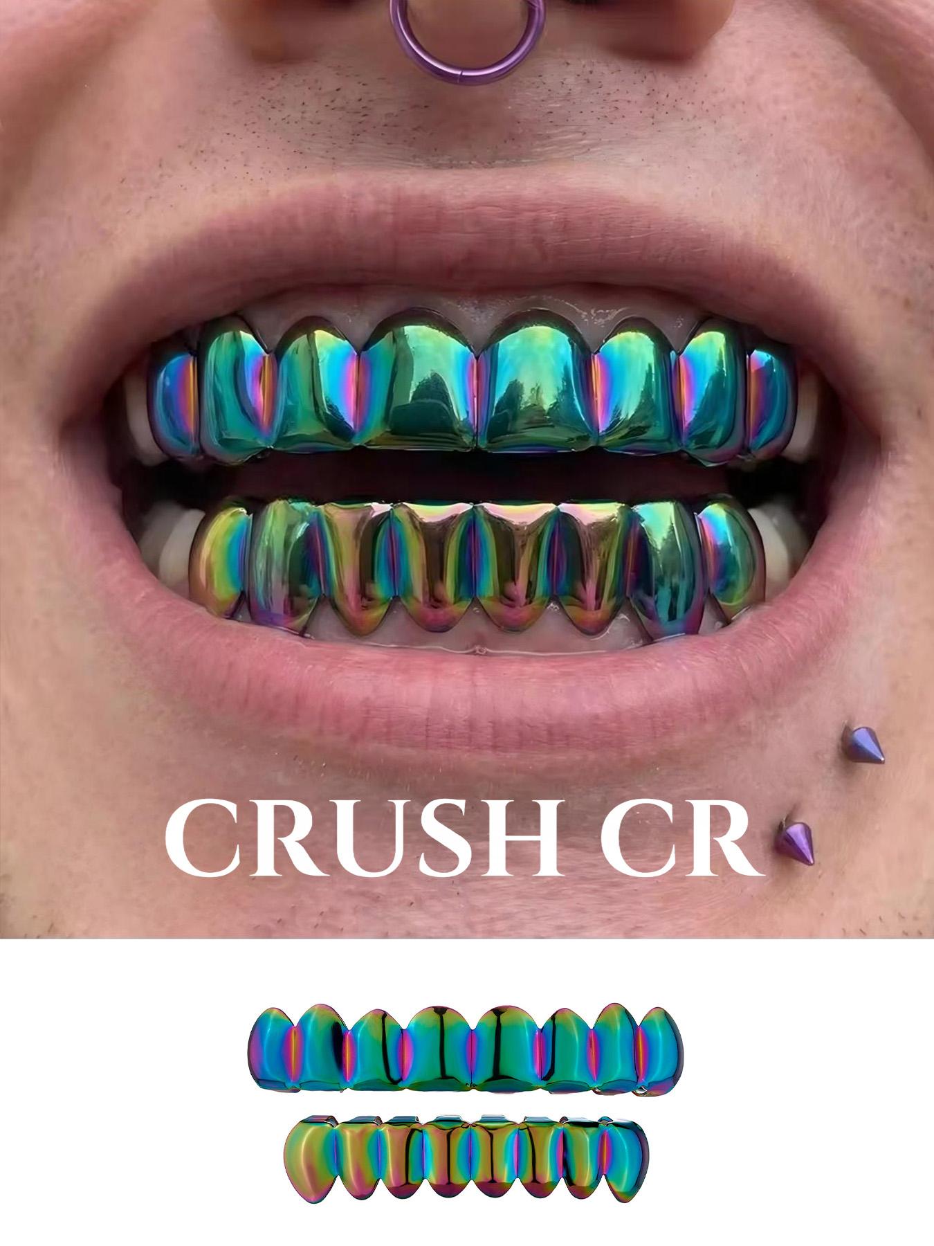 CRUSH CR Retro Cyberpunk Futuristic Iridescent Grillz Set for Men Women, High-Gloss Polished Finish, Hypoallergenic Removable, Ideal for Retro Tech-Themed Parties, 90s/00s Throwback Events, Cyber Goth Gatherings Urban Culture Festivals