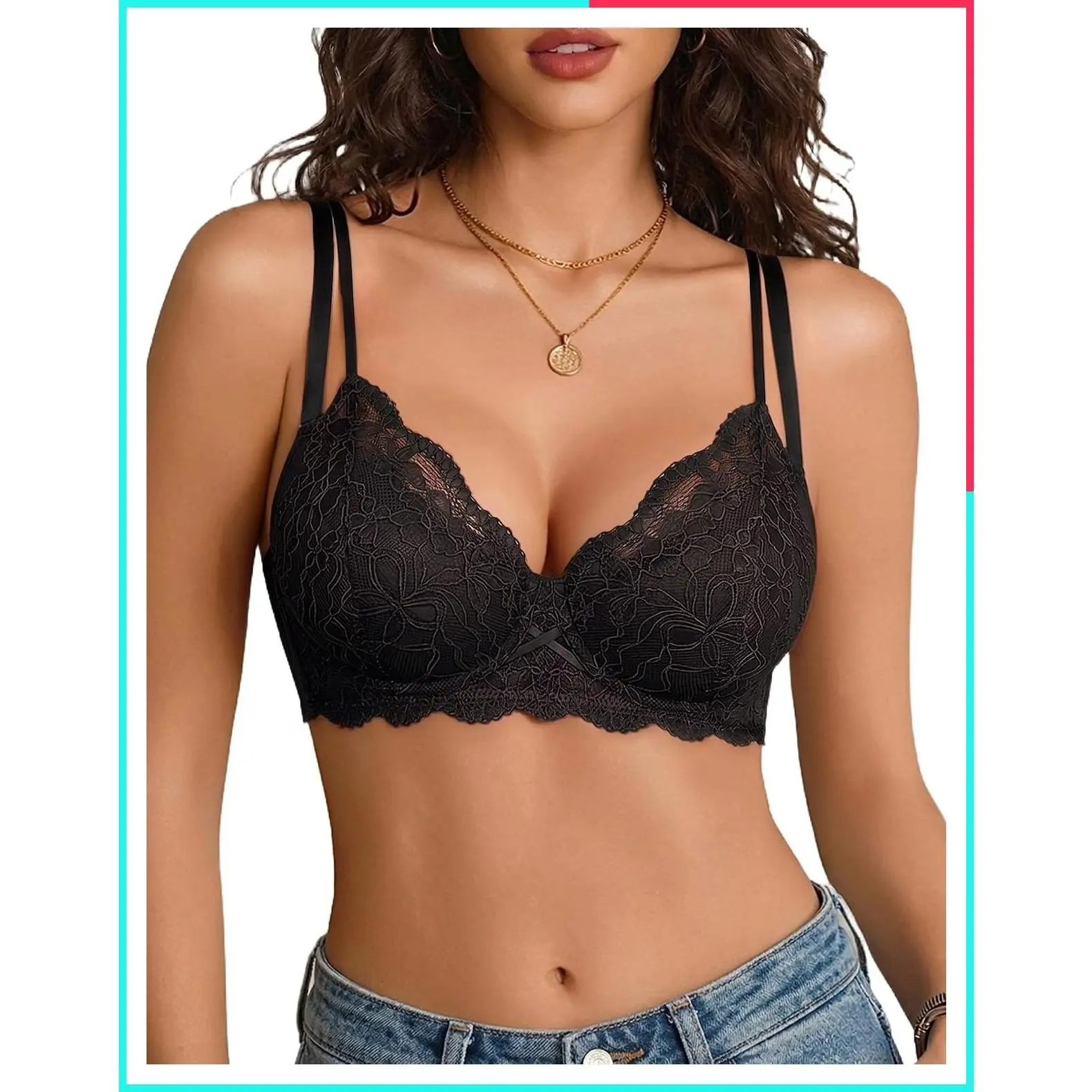 Women's Sexy Lace Unlined Balconette Bra with Underwire, Double-Layer Sheer Mesh Lining, Scalloped Trim, Push-Up Style for Date Night & Daily Wear