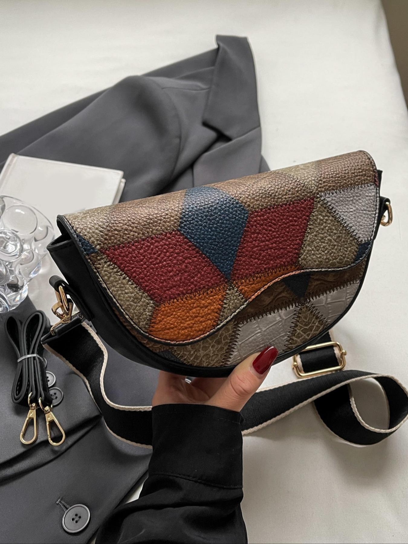 Women's Retro Solid Color Saddle Bag, Wide Shoulder Strap Messenger Bag, Fashionable Classic Popular Shoulder Bag, Suitable for Daily Outing