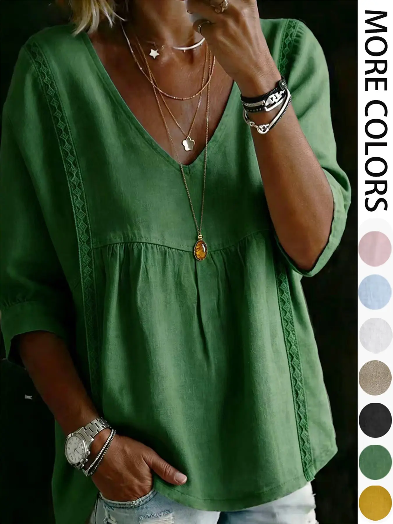 Women's Casual V-Neck Ruffle Top, Solid Color Pullover, Three Quarter Sleeve Shirt, Comfortable Daily Wear, Elegant Design