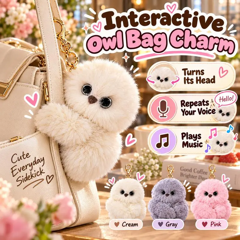 Interactive Owl Bag Charm, Talking Plush Toy with Head Turning & Voice Repeat Function, Cute Hanging Backpack Accessory Gift for Kids & Adults
