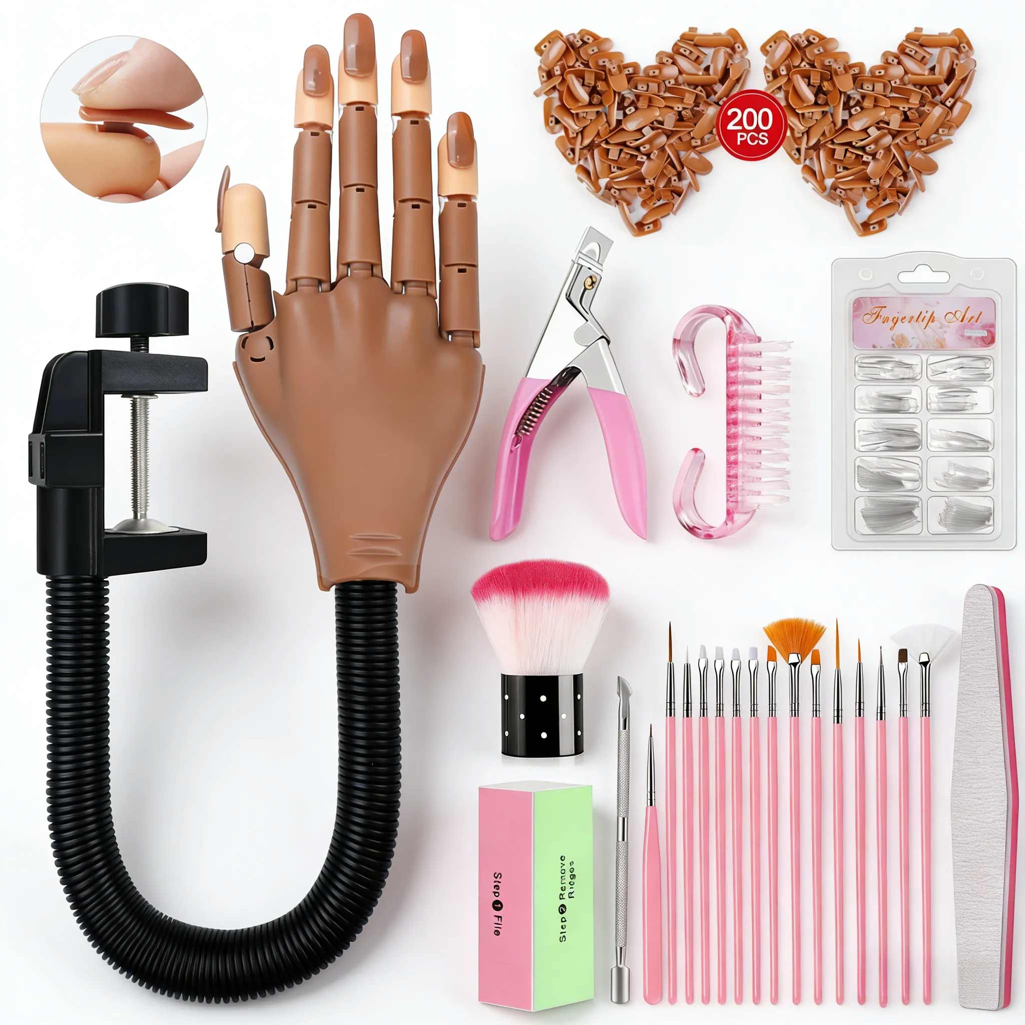 Practice acrylic nails hand, flexible and movable fake hand, nail art training hand nail set, movable nail hand, includes 200 nail tips, nail glue, cleaning brush, and nail clipper, suitable practice tool for beginners, professional tool for nail salons