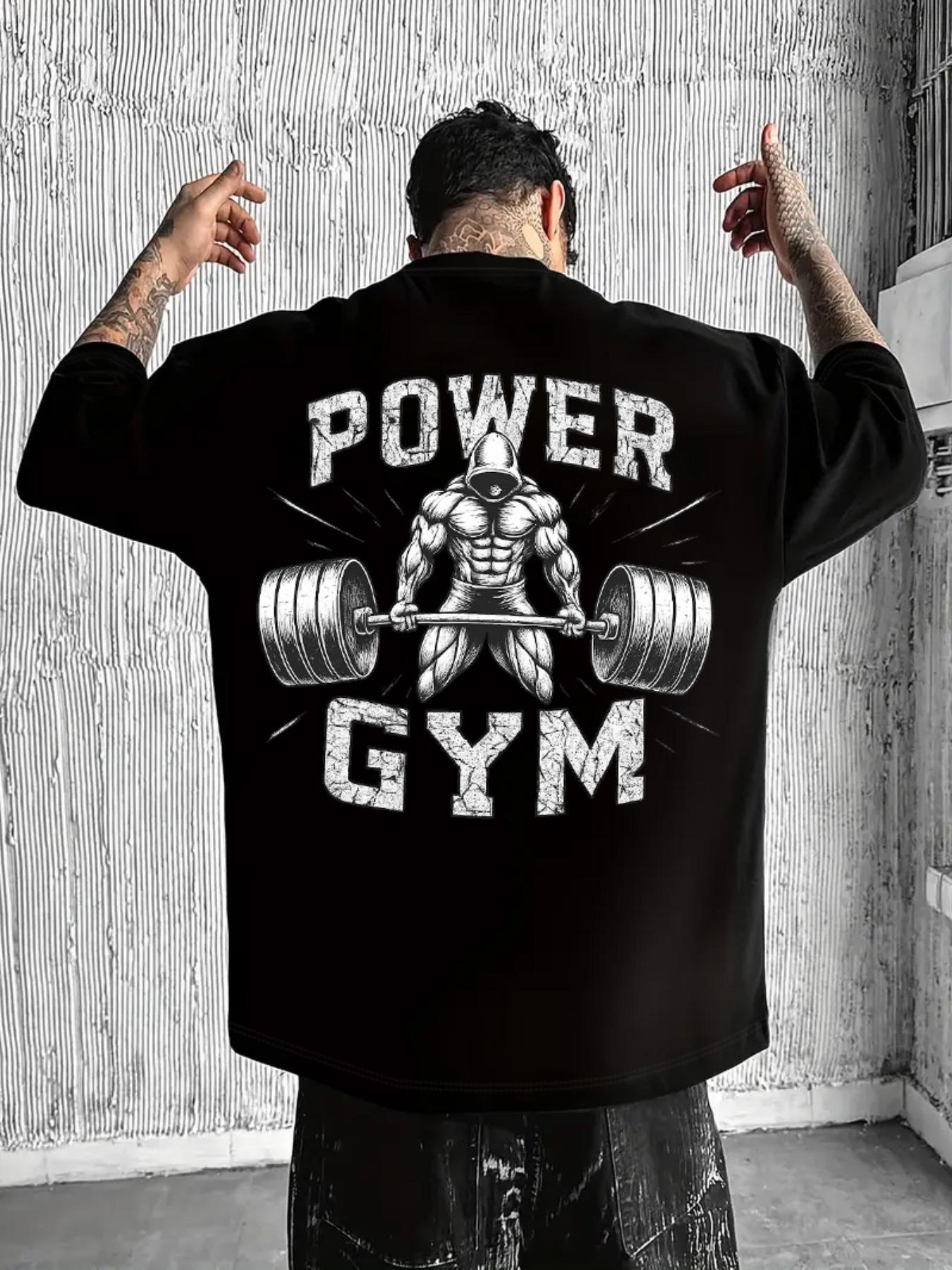 Men's Cool "Power Gym" Bodybuilding Graphic T-Shirt: Black Oversized Tee with Weightlifting Print, Perfect for Fitness Enthusiasts and Street Gym Style