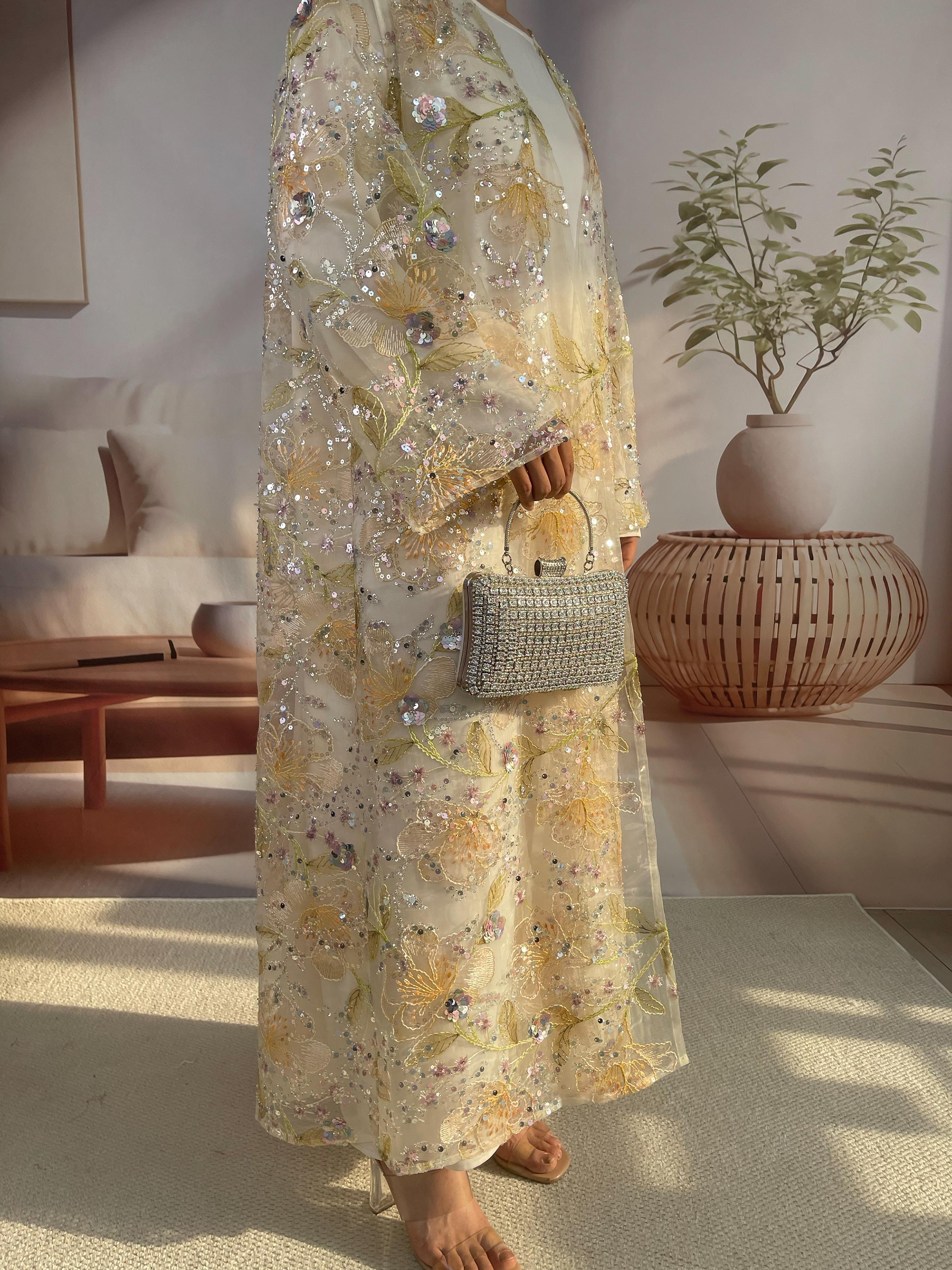 Women's 2-Piece Embroidered Flower Beaded Sequins Open Abaya and Satin Lined Dress Set (Open Abaya + Inner Dress)