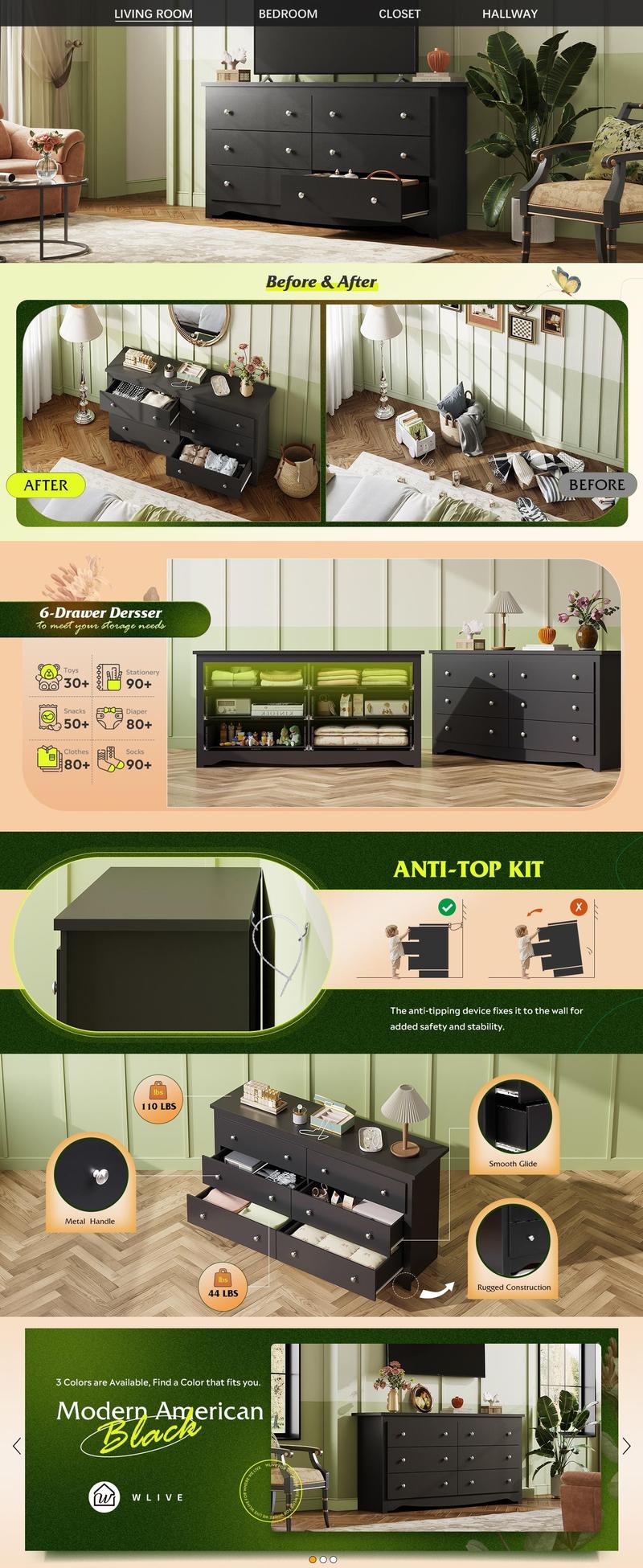 WLIVE Wooden Dresser Chest of Drawers for Bedroom, Modern Dresser Closet Storage Organizer for Living Room Hallway