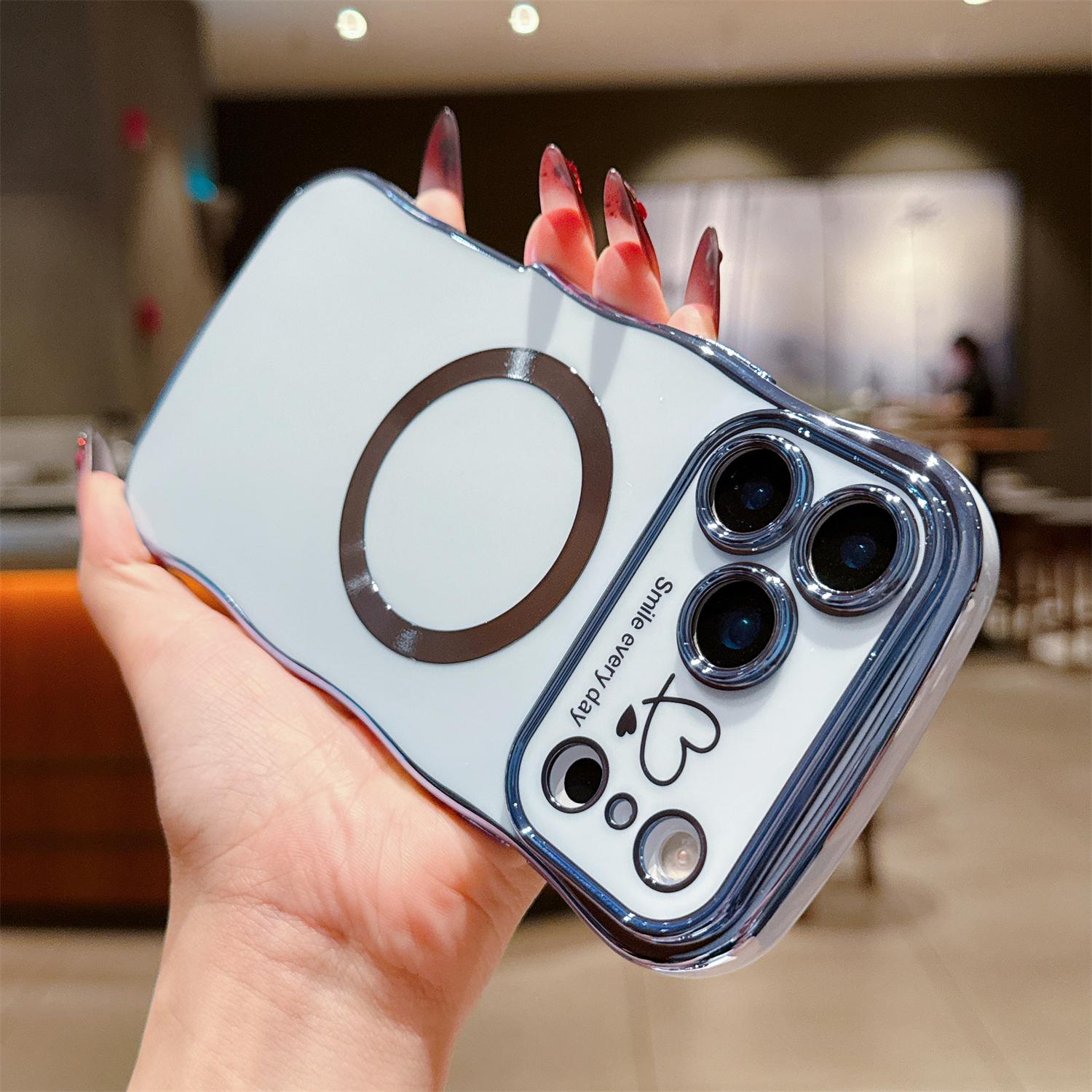 For iPhone 17 Pro Max 16 15 14 12 Case Magnetic,for Women Girls Soft Cute Wave Frame Curly Shape Love Heart Luxury Plating Phone Case Compatible with MagSafe Shockproof Back Cover