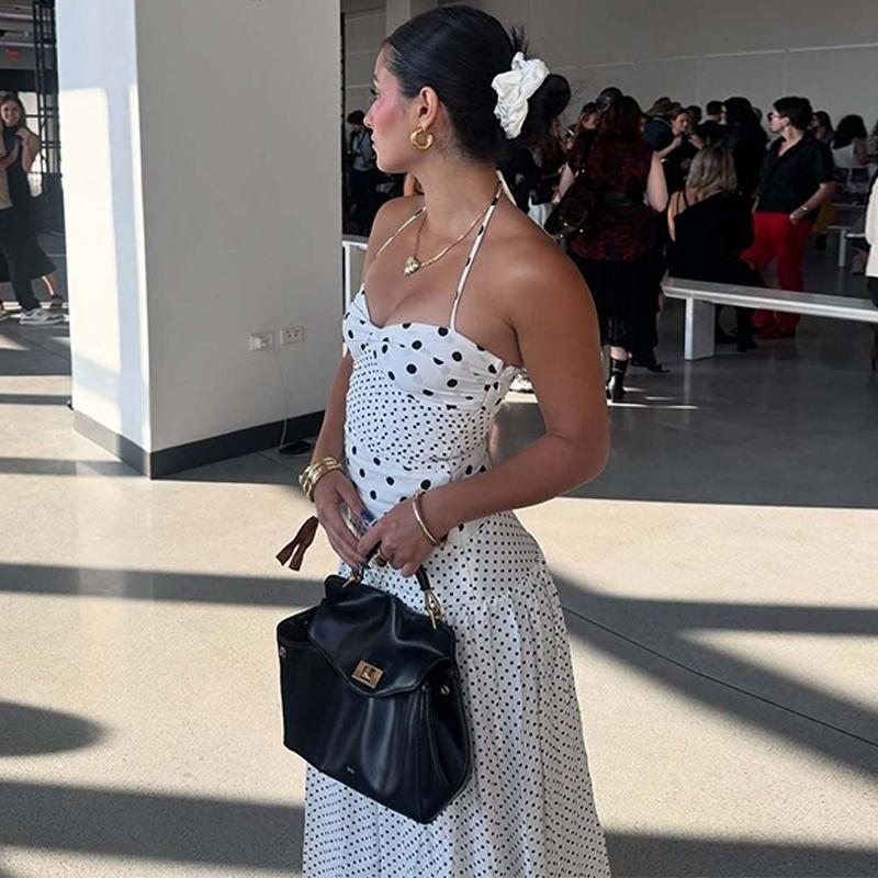 Women's Polka Dot Print Tie-neck Halter Dress, Bust Twisted Ruched Sleeveless Backless A-line Slip Dress, Party Club Date Holiday Beach Vacation Daily Casual Sweet Cami Maxi Long Dresses For Ladies Summer Fashion Clothes Wear