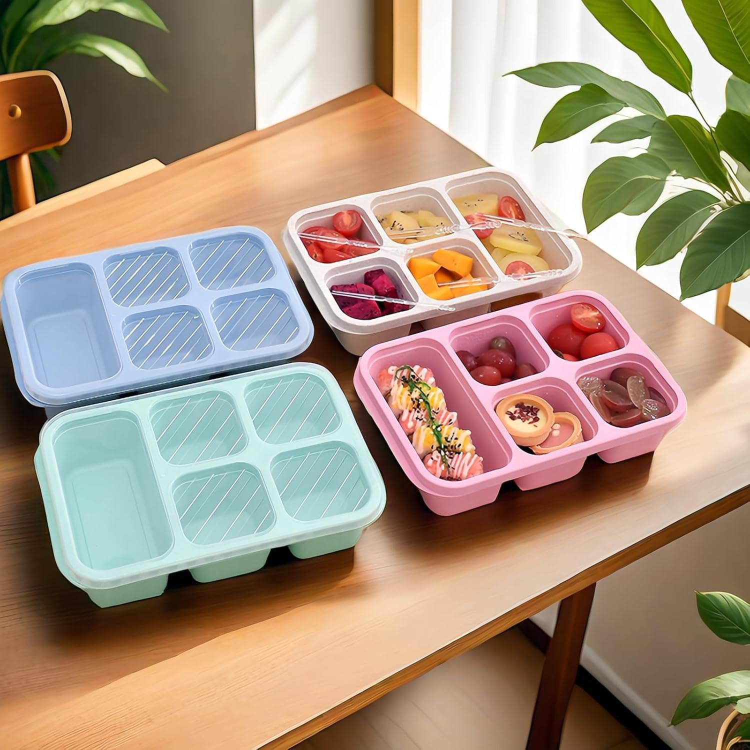 Wheat Straw Bento Snack Box Containers, 4-Pack 5-Compartment Meal Prep, Reusable Food Storage, Stackable, Ideal for Work & Travel, Lunch Boxes