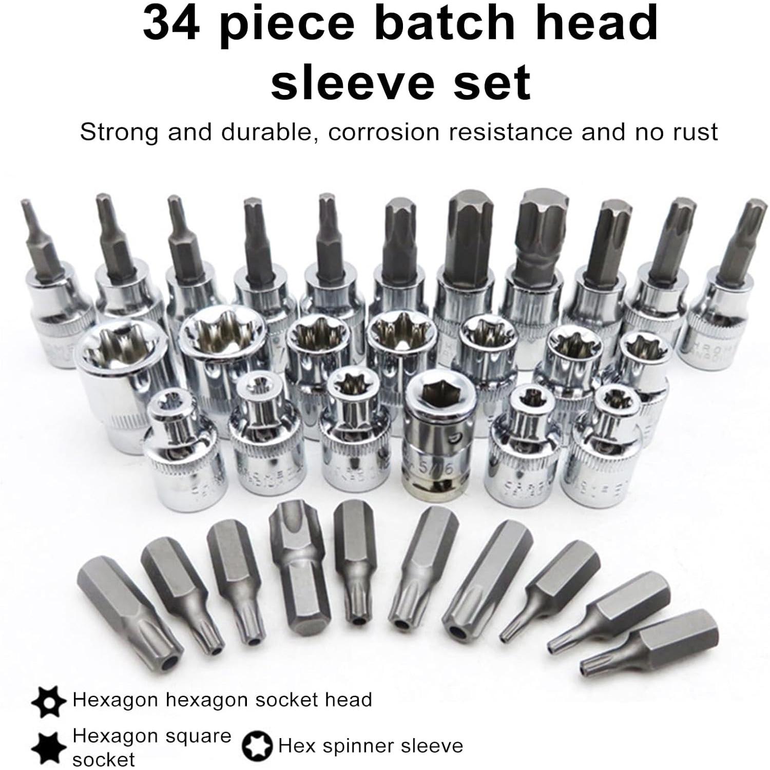 34-Piece E-Type Hex, Internal External Star Key Kit, Large Medium Small Sizes, Durable Metal Construction, Versatile Tool Set, Socket Wrench Set, Bit Socket Set