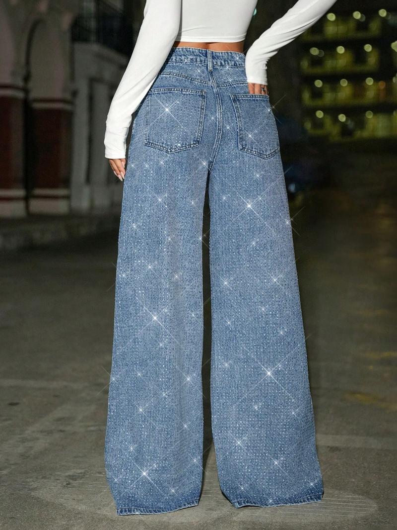 Women's Fashion Denim Trendy Wide Leg Comfortable Rhinestone Design Elegant Long Pants, Fitted Plain Style, All Seasons