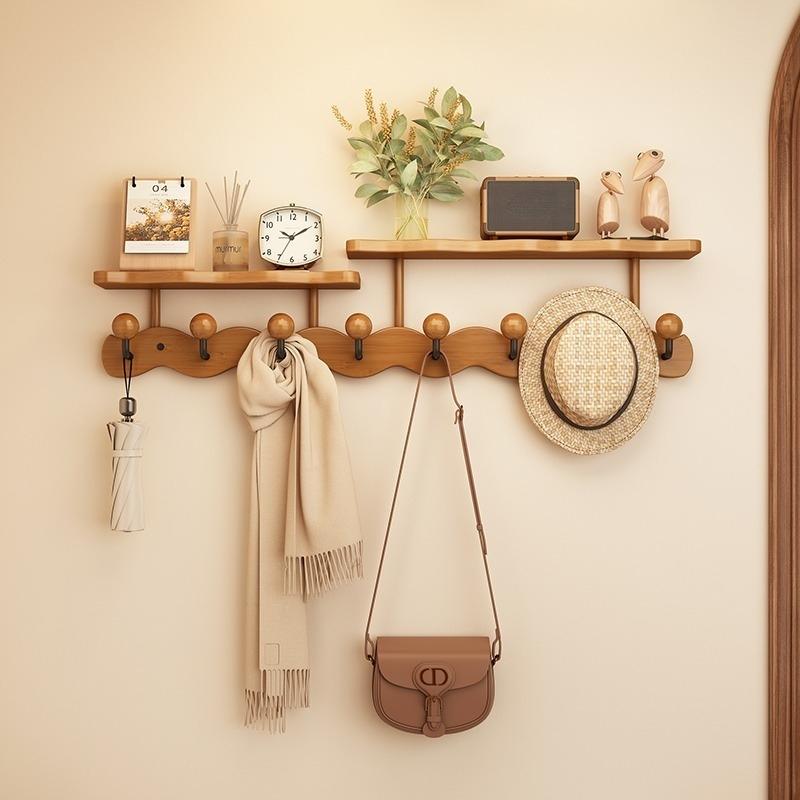 Modern Simple Coat Rack with Multiple Hooks, Wall-Mounted Bamboo Clothes Hanger, Wall Mounted Shelf, Stable and Durable, Suitable for Entryway, Bedroom, Bathroom, Wall Mount Design