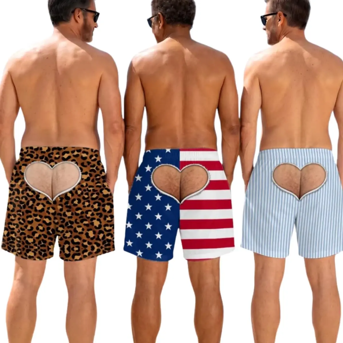 Personalized Funny Men Beach Shorts, Gag Butt Print Novelty Swimwear | Men Hairy Butt Cheeks with Thong Beach Shorts, Funny Hairy Big B@@Ty for Him - Summer Beach Buddy
