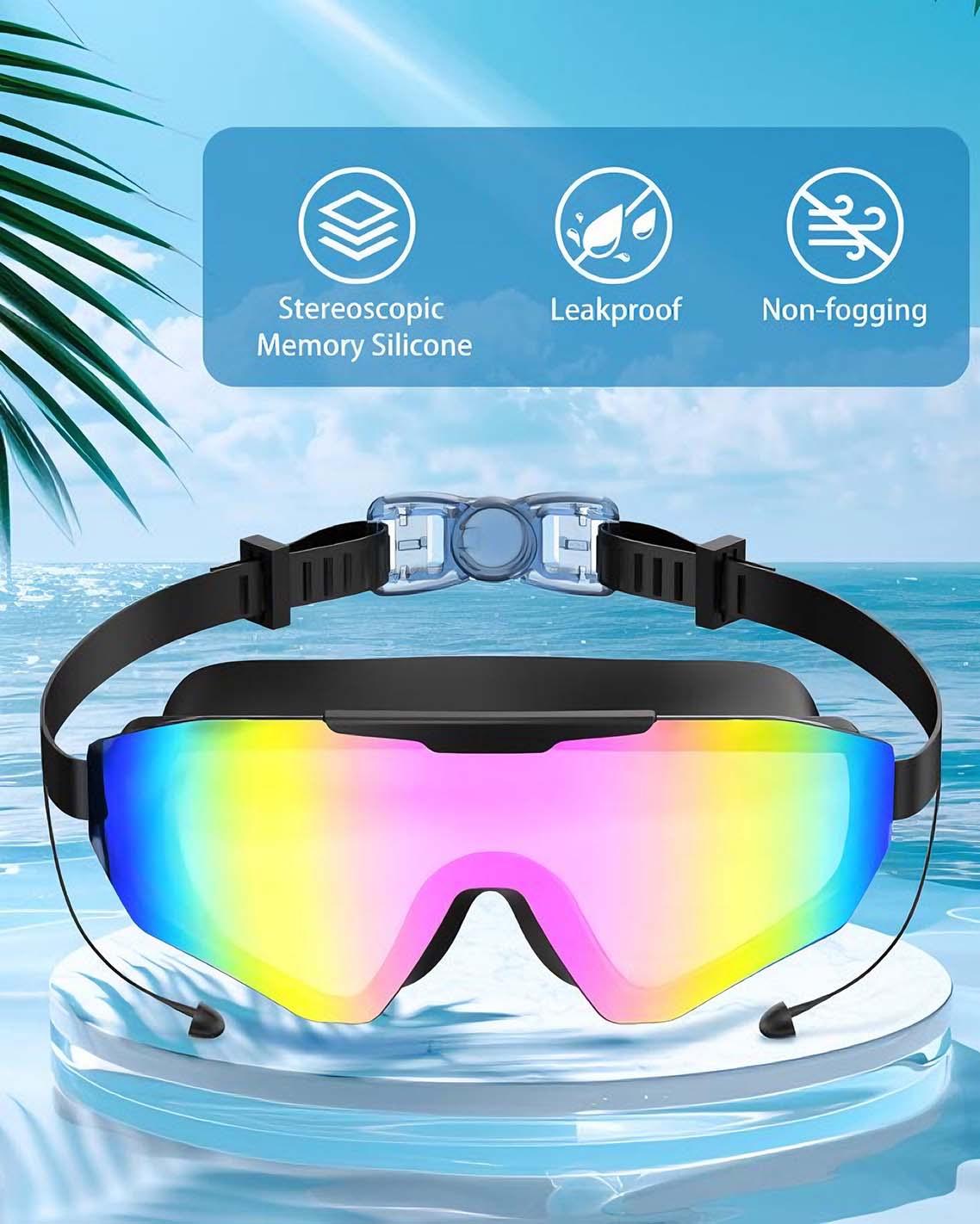 Swim Goggles for Adults- Anti-Fog Full-Coverage, 3-Color UV Lens, Waterproof Earplugs & Nose Clip, Fit Outdoorfun
