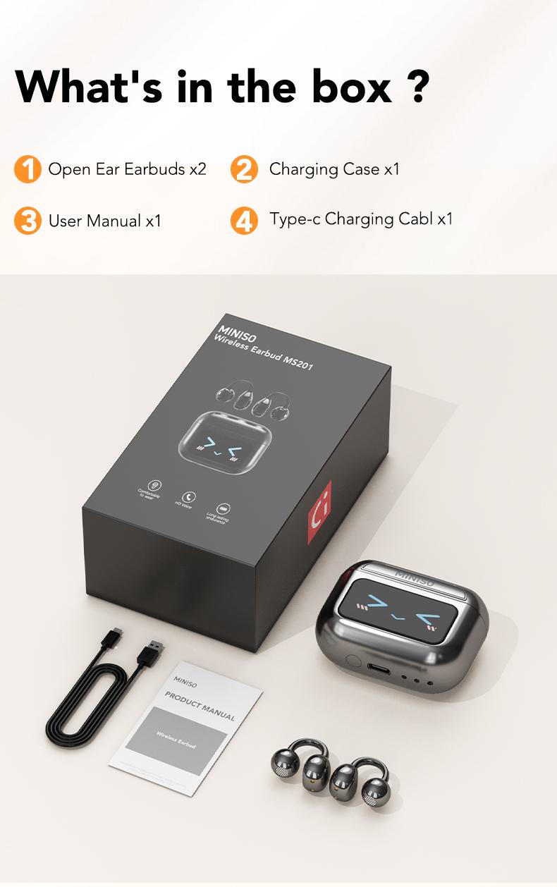 MINISO MS201 Translation Headphones, Support 134 Languages ​​Translation with APP, Clip-on Wireless Earphones, Color Touch Screen, Bluetooth 6.0, Suitable for Sports, Running and Work, HIFI Stereo Earbuds