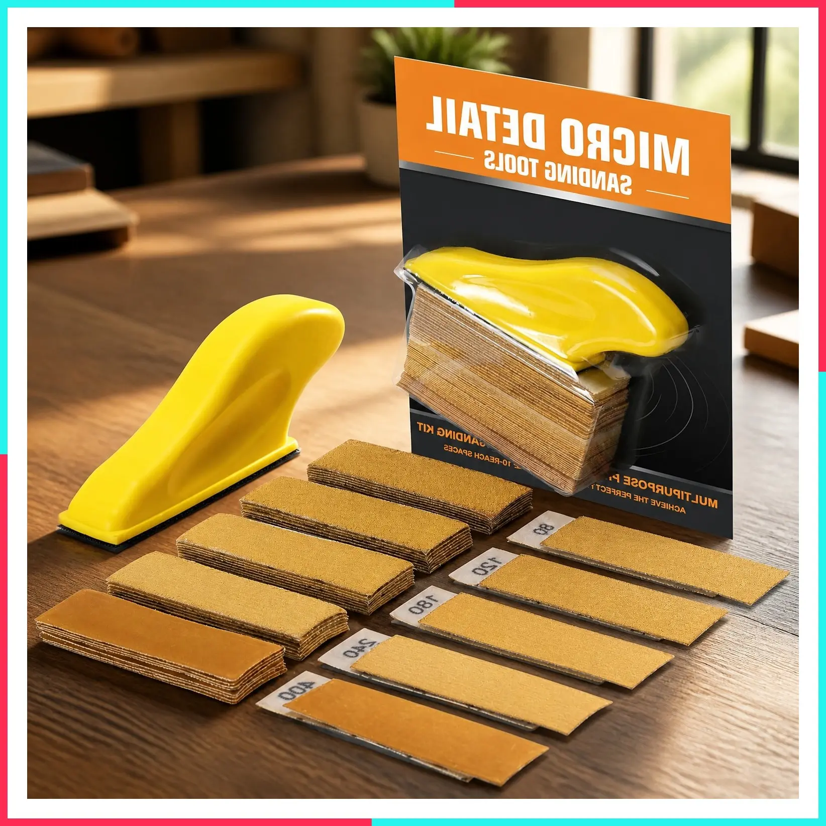Micro Sander Kit 3.5” x 1” Mini Sander for Small Projects, Detail Handle Sanding Tools + Sandpaper 80 120 180 240 400 Grit for DIY Crafts Wood Finishing Tight Narrow Spaces Polishing, 50 PCS