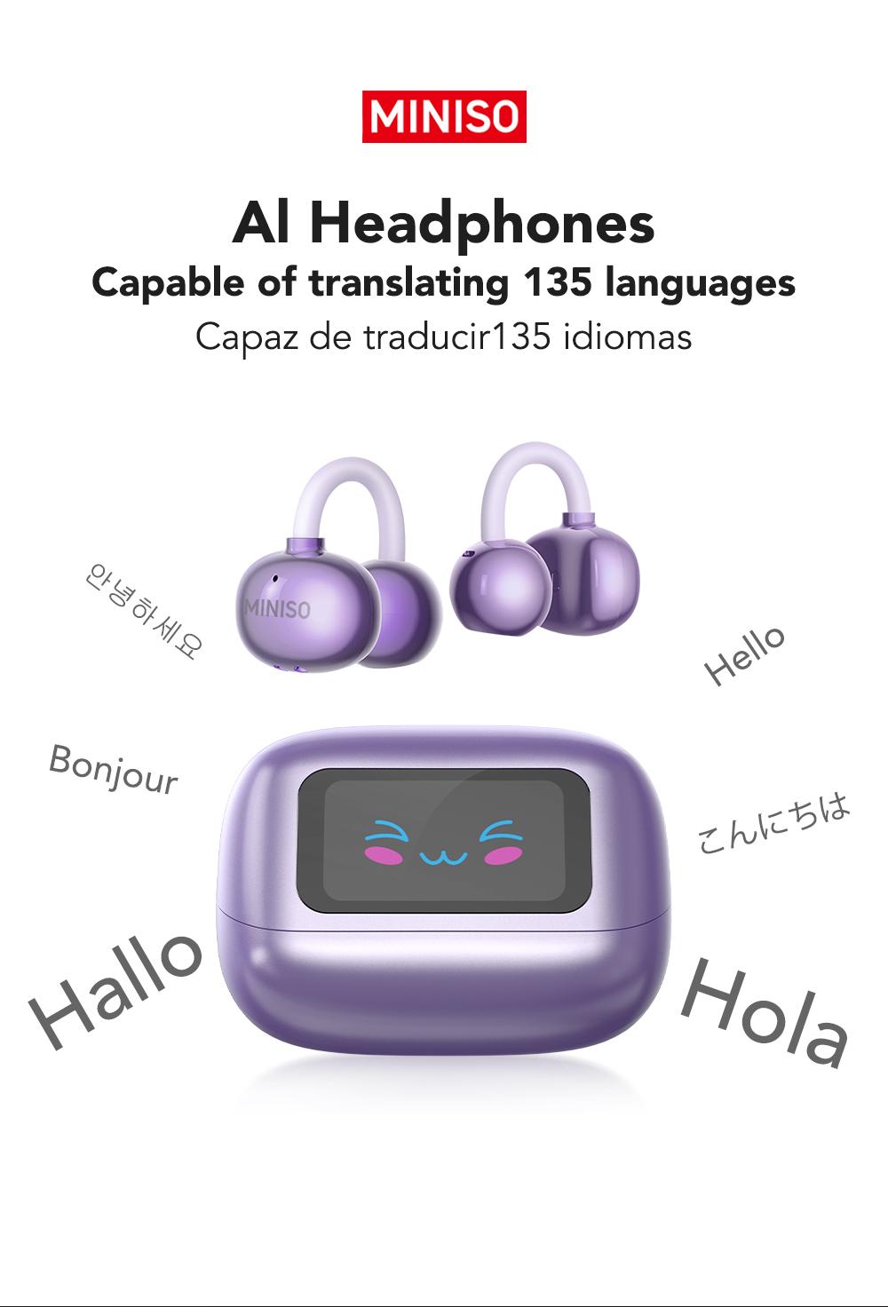 MINISO MS199 Translation Clip On Ear Headphones Full Color Touch Screen, Audio Wireless Headphones Support 135 Languages Real Time Bluetooth Translation Built-in Microphone for Music & Phone Calls,Sport Waterproof & Sweatproof