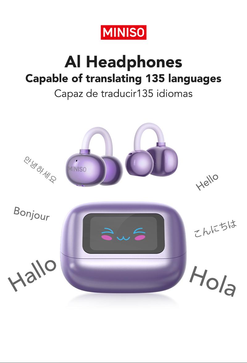 MINISO MS199 Translation Clip On Ear Headphones Full Color Touch Screen, Audio Wireless Headphones Support 135 Languages Real Time Bluetooth Translation Built-in Microphone for Music & Phone Calls,Sport Waterproof & Sweatproof