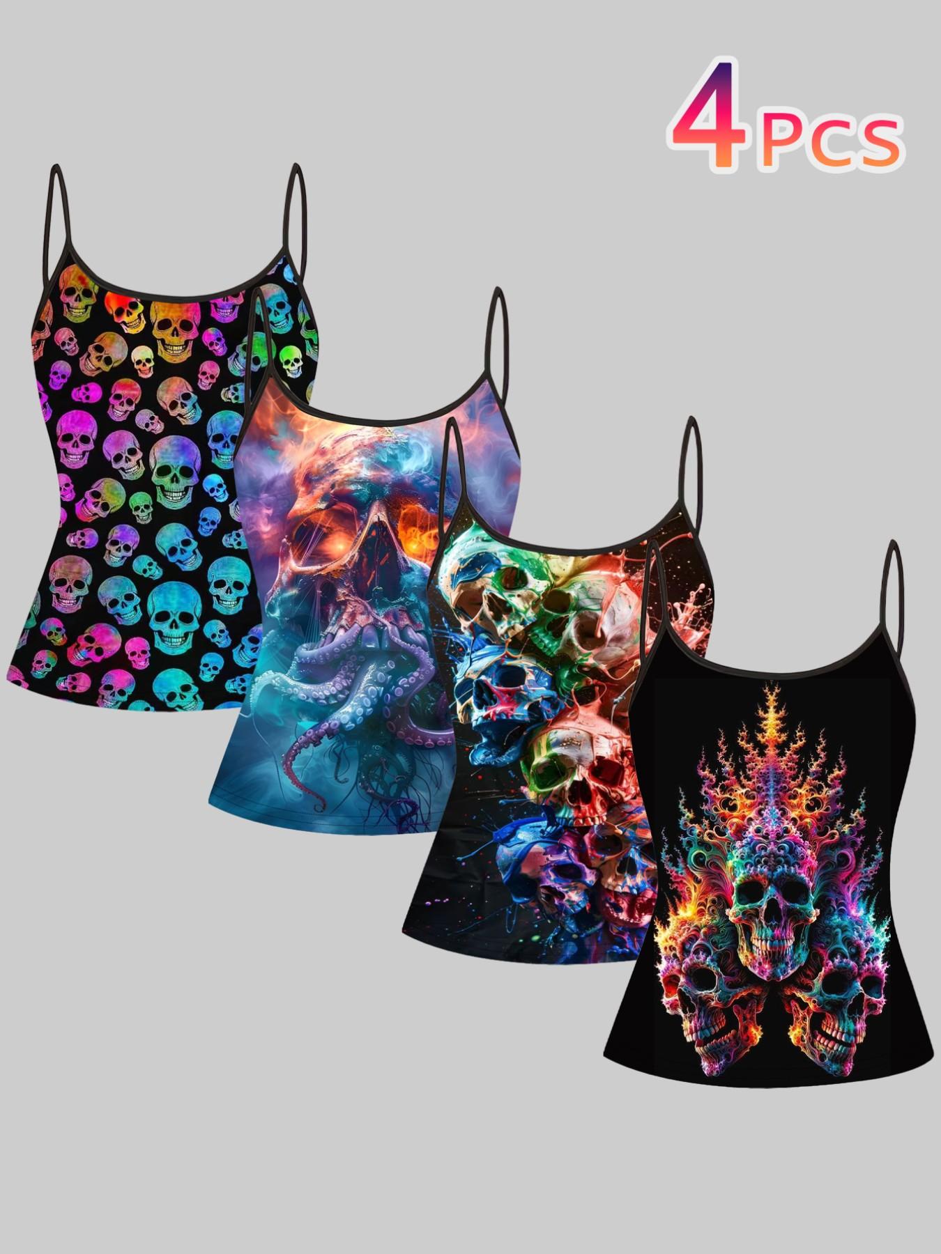 Vibrant Skull Octopus Print Strappy Top, Summer Home Sleepwear Outerwear, Unique Slim-Fit Shirt Set of Four Pieces
