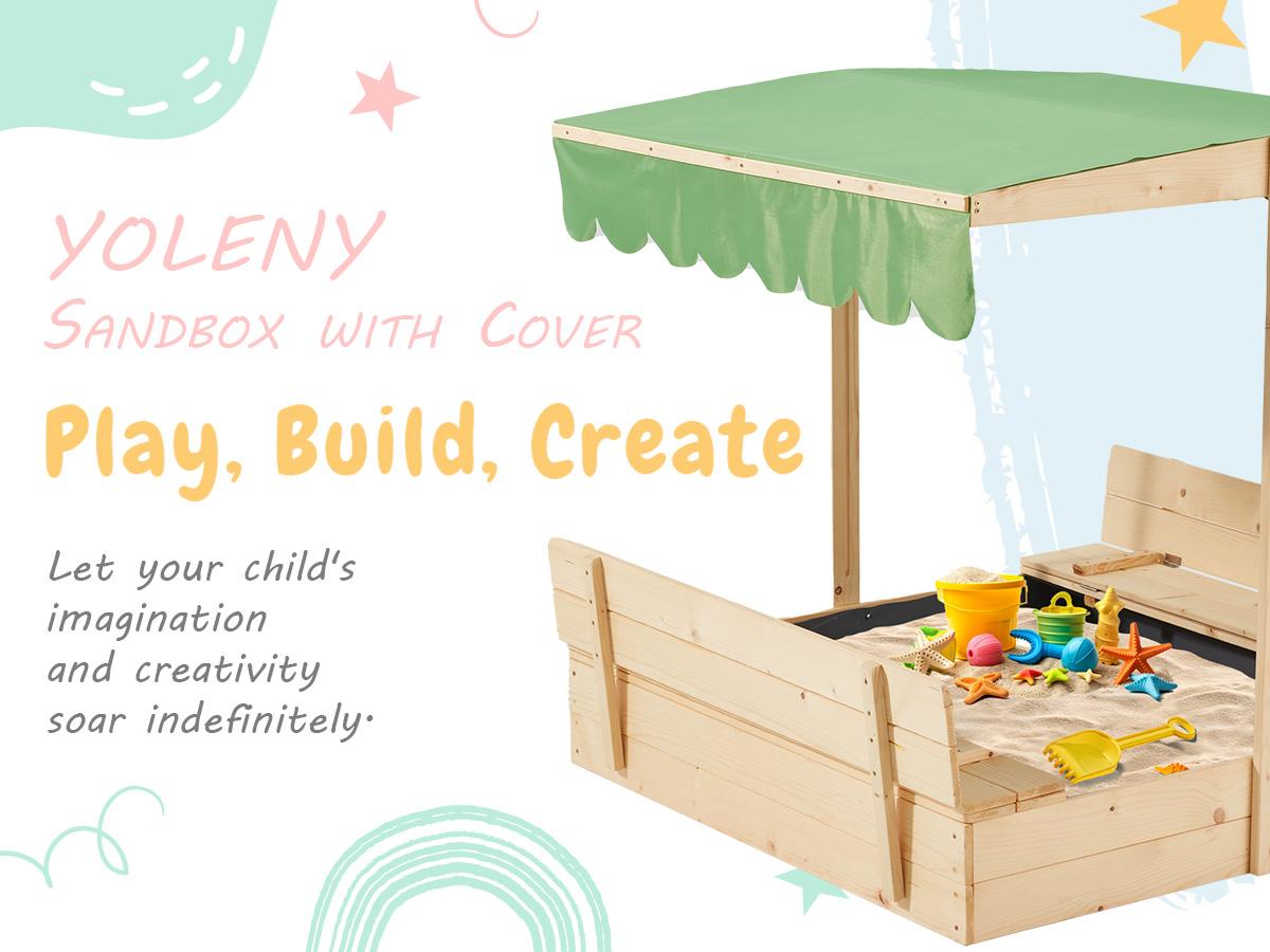 Sandbox with Lid, Kids Sandbox with Cover and Height Adjustable Roof, Outdoor Sandbox with Foldable Bench Seats and Sand Protection Liner for Aged 3-8, Perfect for Backyard Fun , Beach, Lawn Wooden Playtime