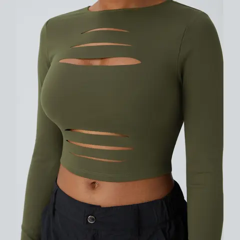 Halara DayStretch Round Neck Long Sleeve Cut Out Ripped Skinny Cropped Casual Top