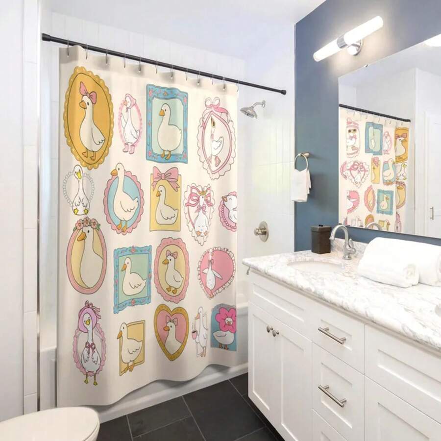 Goose Shower Curtain Unique Bathroom Decor Housewarming Duck Funny Goose Silly Coquette Stamp Frame Girl Dorm Home Decor