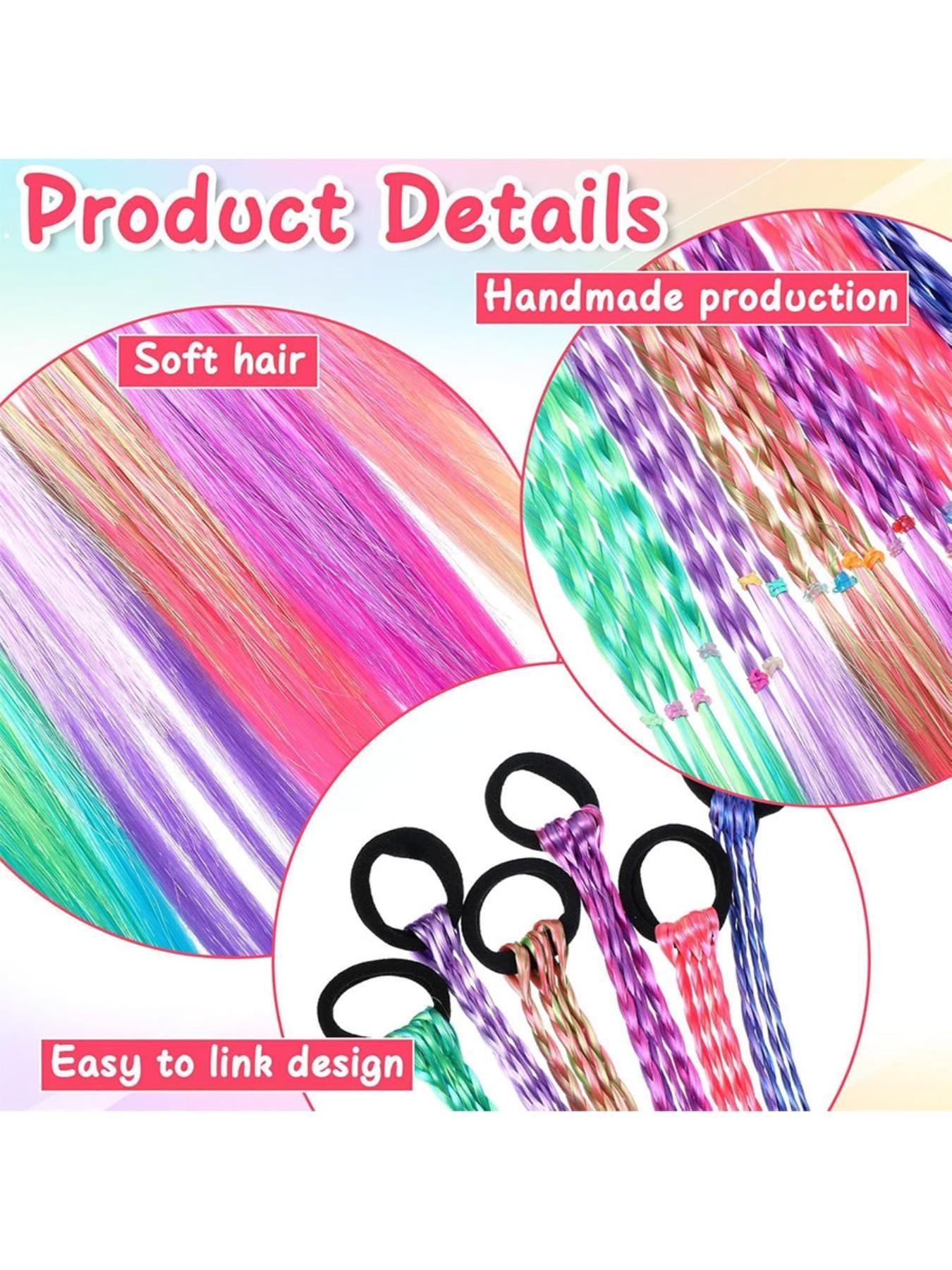 Girls' rainbow braid hair extensions, children's ponytail hair extensions, girls' hair accessories, challenging braid hair extension styles, 6 crazy accessory headbands