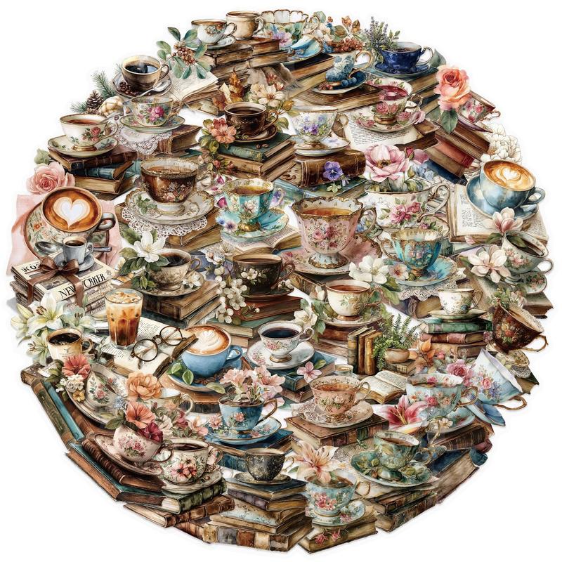 50pcs Retro Artistic Coffee Watercolor Tea Cup Old Book Floral Transparent PET Material Graffiti Stickers Suitable for Suitcases, Phone Cases, Laptops, Helmets, Skateboards Waterproof Decoration DIY Creative Stickers