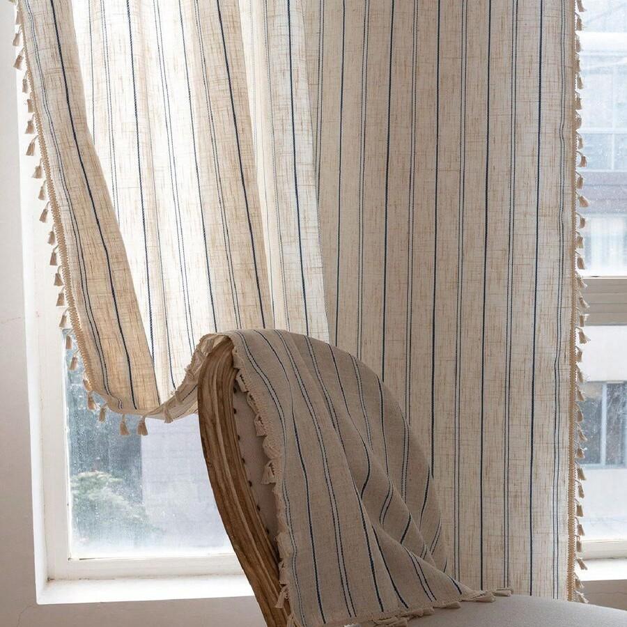 Luxurious Cotton Linen Drapes with Fringe Trim, Semi-Transparent Noise-Dampening UV Protection Curtain for Living Room & Bedroom