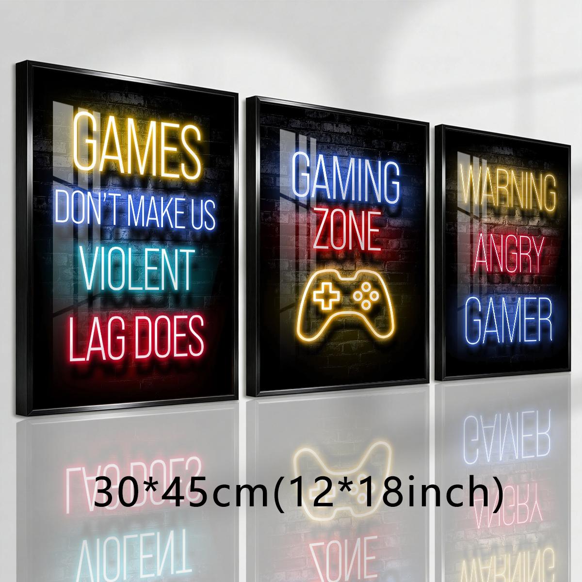 3 Counts Aluminum Alloy Framed Painting, Neon Gaming Zone Poster With Game Controller Wall Art, Home Decoration For Living Room, Bedroom, Office, Restaurant, Hallway Wall Decor, Odorless Print Artwork, Luxury Perfect Gift For Friends And Family