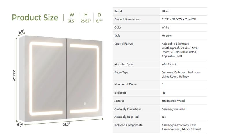 Sikaic Lighted Double Doors Medicine Cabinet with Touch Switch Mirrors and Storage Adjustable Shelves White Furniture Bathroom Vanity Home Led