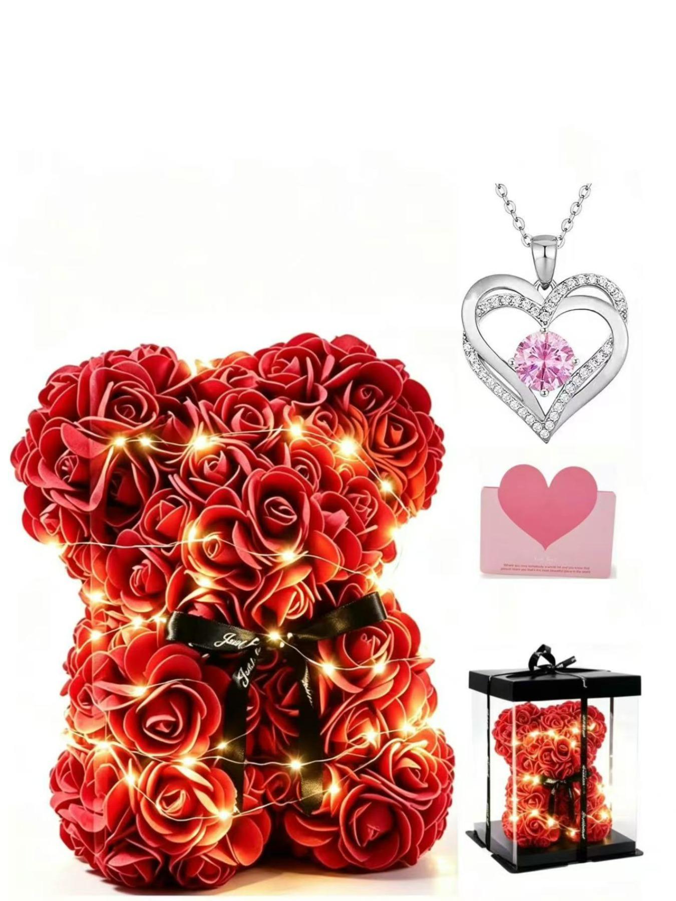 Rose Flower Bear Preserved Flower Gift Box, Valentine's Day Wedding Bouquet, Heart Stone Necklace, Romantic Gift for Girlfriend, Light