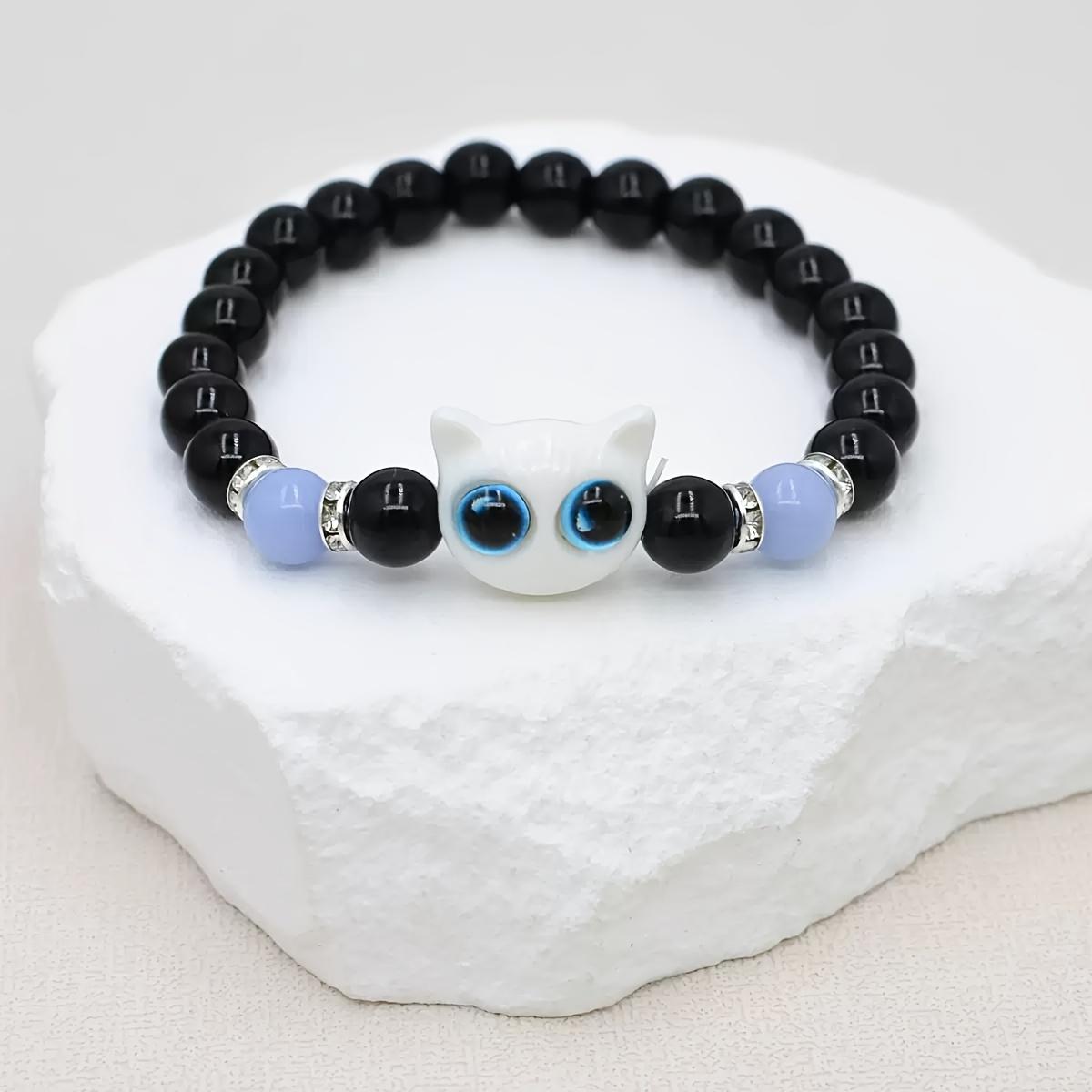 2pcs Luminous Cat Bracelet Set - Elastic Stretch Matching Beaded Jewelry for Couples, Besties & Sisters. Black & White Glow-in-the-Dark Animal Wristband for Halloween, Party & Daily Wear. Perfect Holiday Gift for Cat Lovers, Teens & Friends.