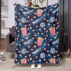 Cinema Night Popcorn Print Flannel Throw Blanket - Ultra-Soft Plush Comfort, Lightweight Multicolor Knitted Polyester Throws For Movie Lovers, Ideal Birthday And Christmas Gift, Versatile For Bed, Sofa, Chair, Living Room Decor, Machine Washable, All Seas