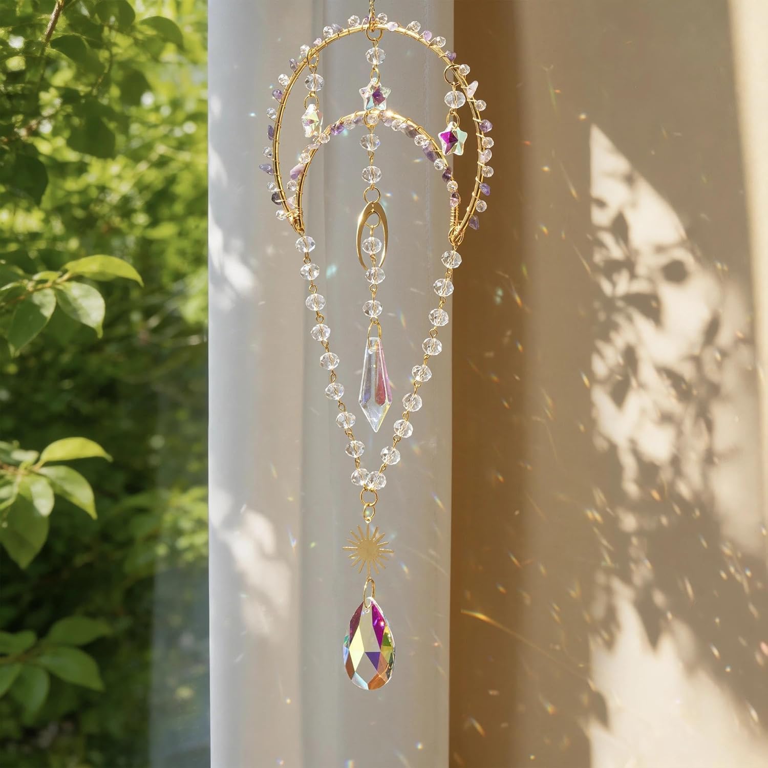 17.5inch  Crescent Moon  Suncatcher for Window  Rainbow Maker Indoor Window Sun Catcher with Beads Chain for  Garden Decor
