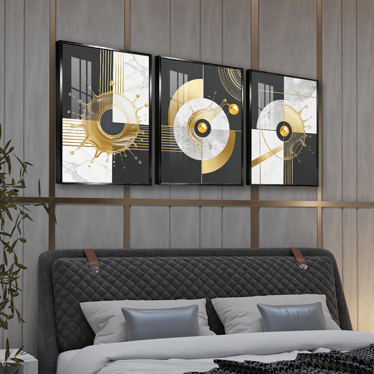 3 Counts Aluminum Alloy Framed Painting, Abstract Golden Splash Geometric Art Pictures, Home Decoration For Living Room, Bedroom, Office, Restaurant, Hallway Wall Decor, Odorless Print Artwork, Luxury Perfect Gift For Friends And Family