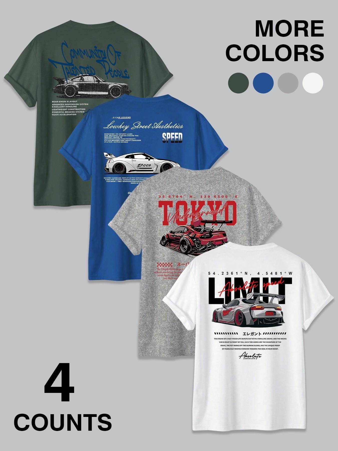 4-Pack JDM Car & Tokyo Street Aesthetic Graphic T-Shirts | Racing Streetwear Casual Tees Set