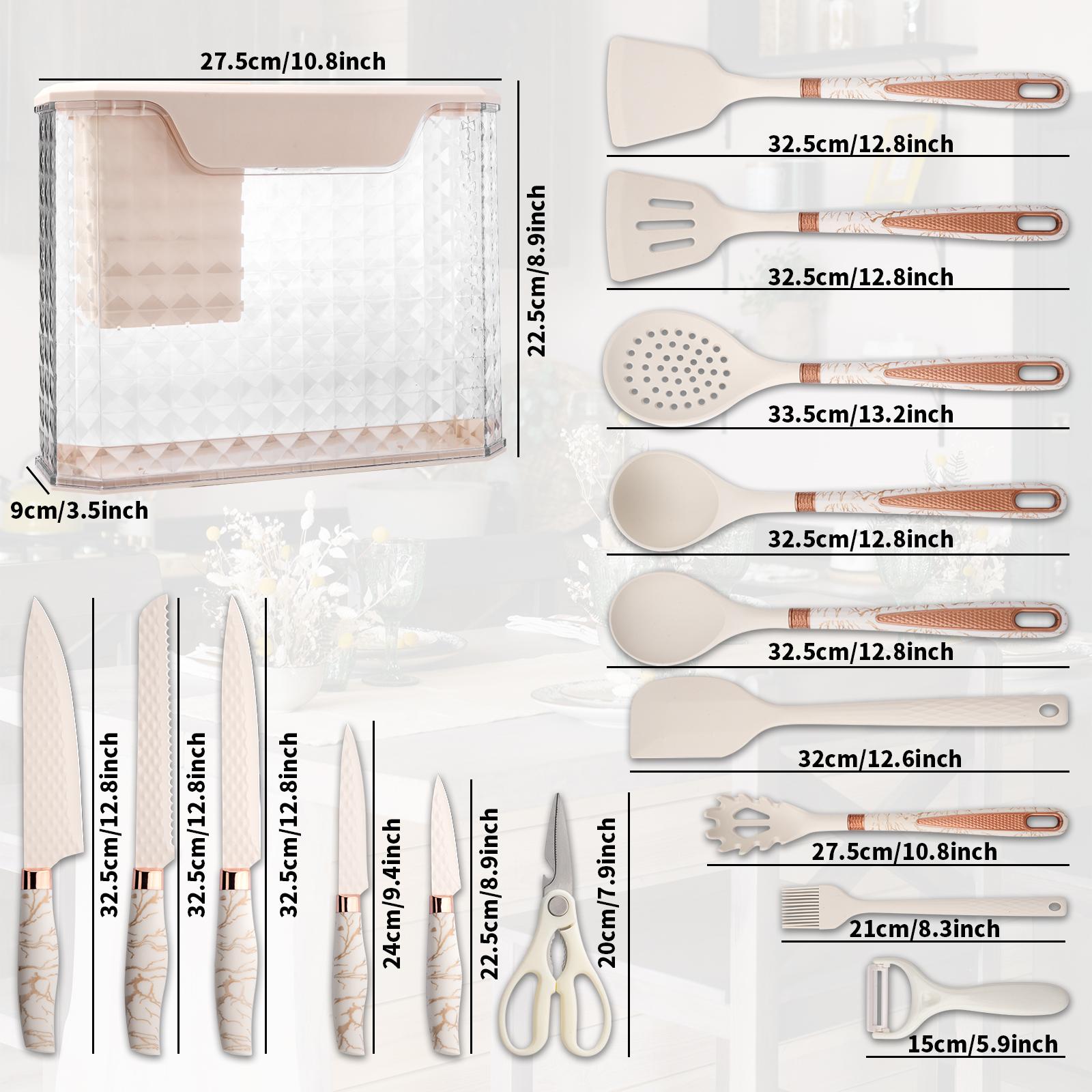 16 Piece Kitchen Knife Set, Silicone Kitchen Utensils Set, Clear Storage Rack, Can Cut Meat and Vegetables, Can Cook Noodles, Can Make Soup, Can Stir-Fry, Gift Set