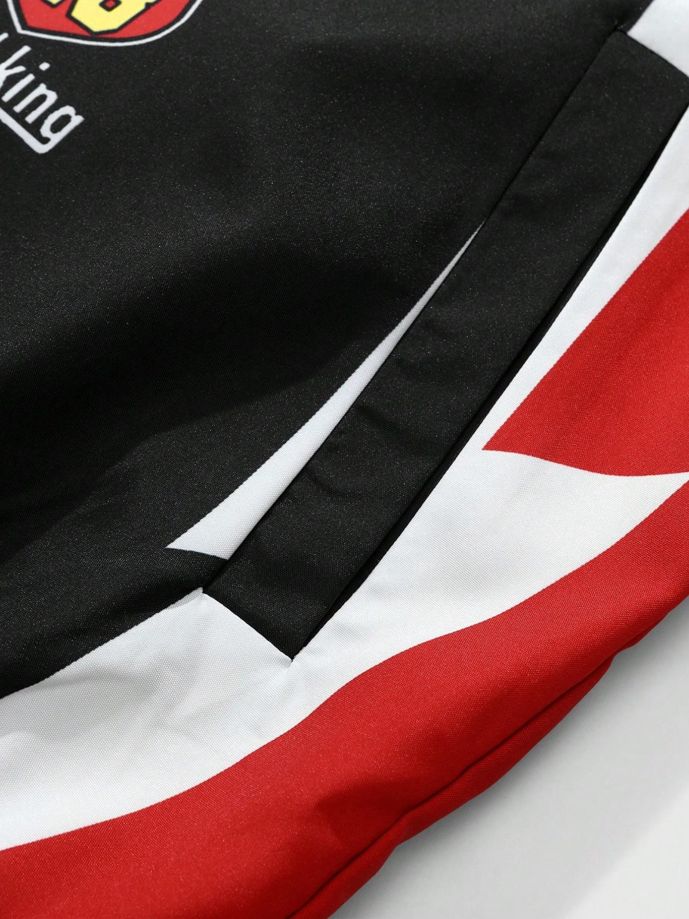 Oversized Hypebeast Racing Graphic Bomber Jacket – "SPEED RACING" & "Eternal King 23" Badge Streetwear Coat, Durable & Versatile Color Block Jacket for Casual Hangouts, School & Retro Aesthetic Outfits