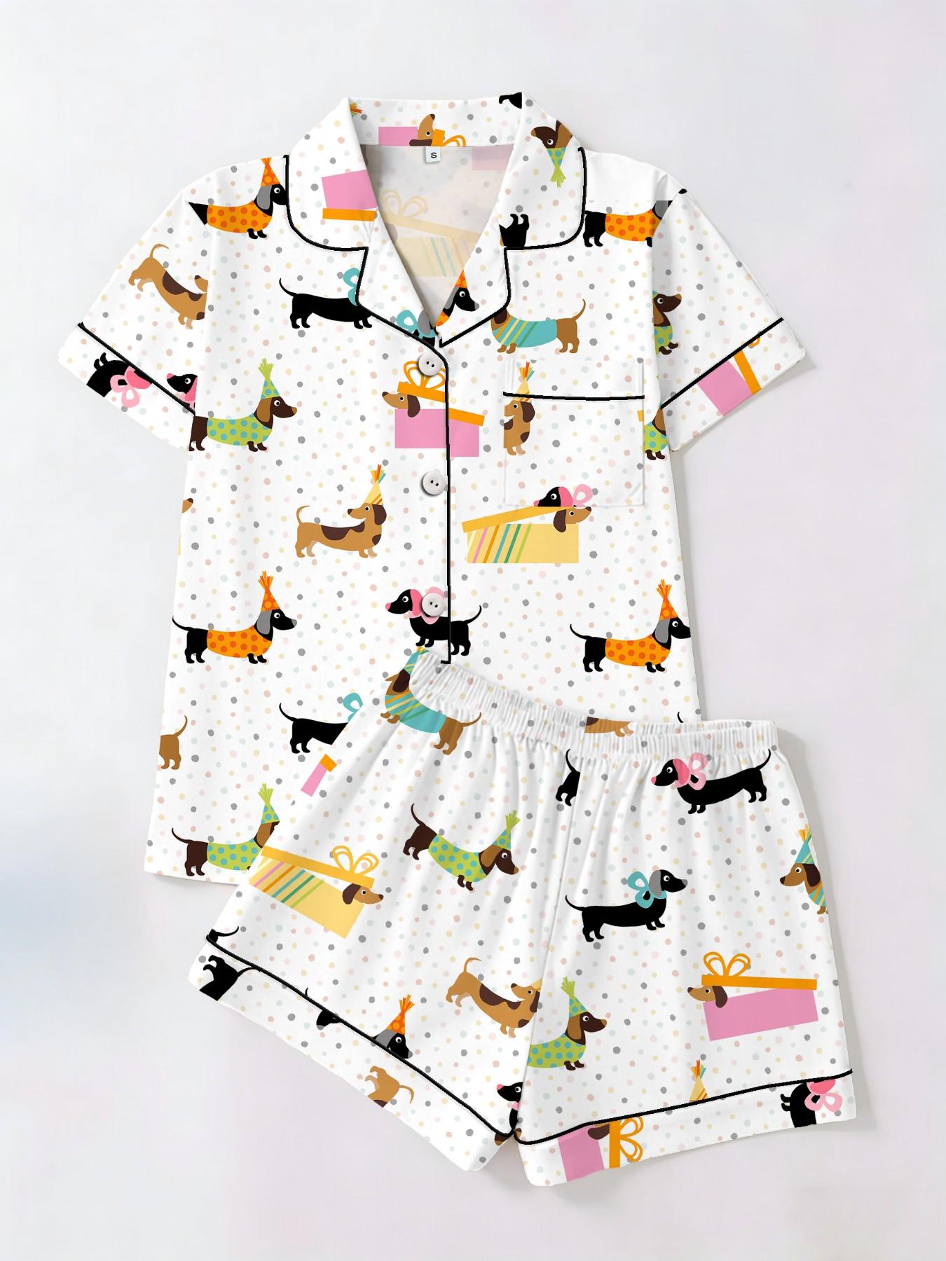 Women's Short Sleeve Button Down Top and Shorts Pajama Set, Spring Summer Wear, For Cute Girls, White Base Adorable Party Dog Print, Classic Lapel Collar, Loose Fit, Comfortable For Home & Gatherings