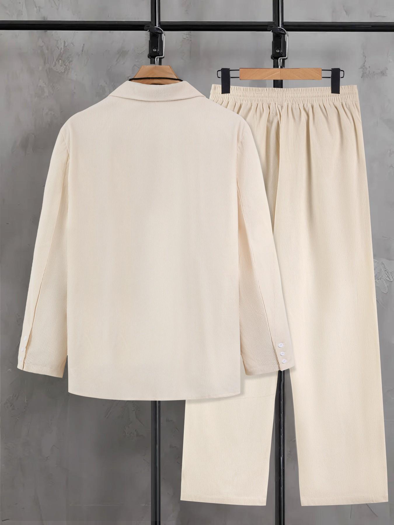 Men's Beige Corduroy 2-Piece Loungewear Set - Lapel Blazer-Style Shirt with Dual Chest Pockets + Elastic Drawstring Waist Pants, Soft Stretch Fabric, Relaxed Minimalist Plain Style, Perfect for At-Home Lounging, Casual Evenings & Seasonal Layering