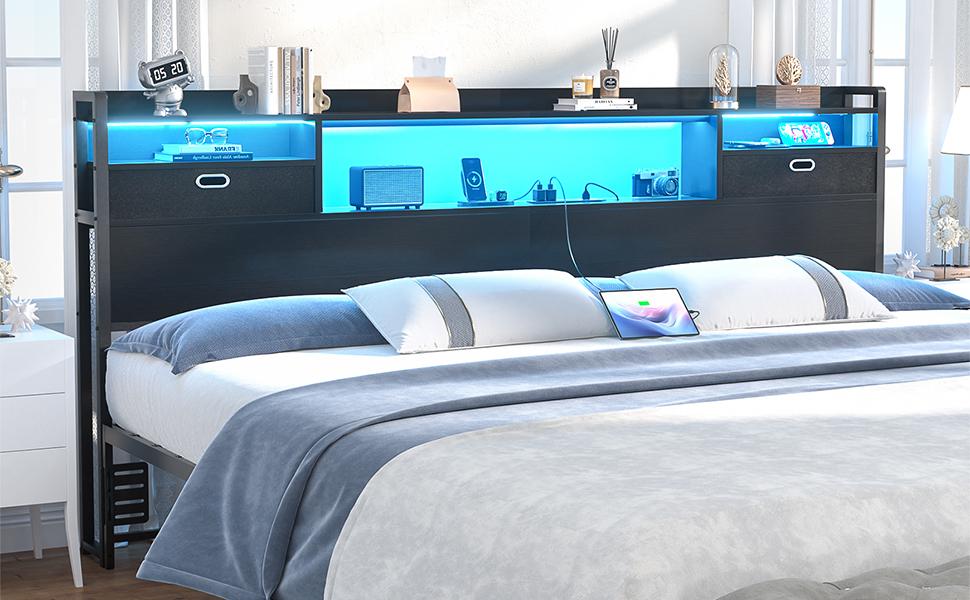 Homieasy King Size Headboard with Drawer Storage and LED Light, Wood Headboard Only with Power Outlet and Bookcase,  for Bedroom, Dorm Room, Black