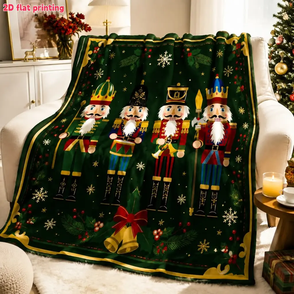 2D Flat 1Pc vintage style Nutcracker soldier print plush blanket - festive Christmas animal pattern, cozy and warm all season, perfect for sofa couch bed, office travel, holiday gift, charming home decor