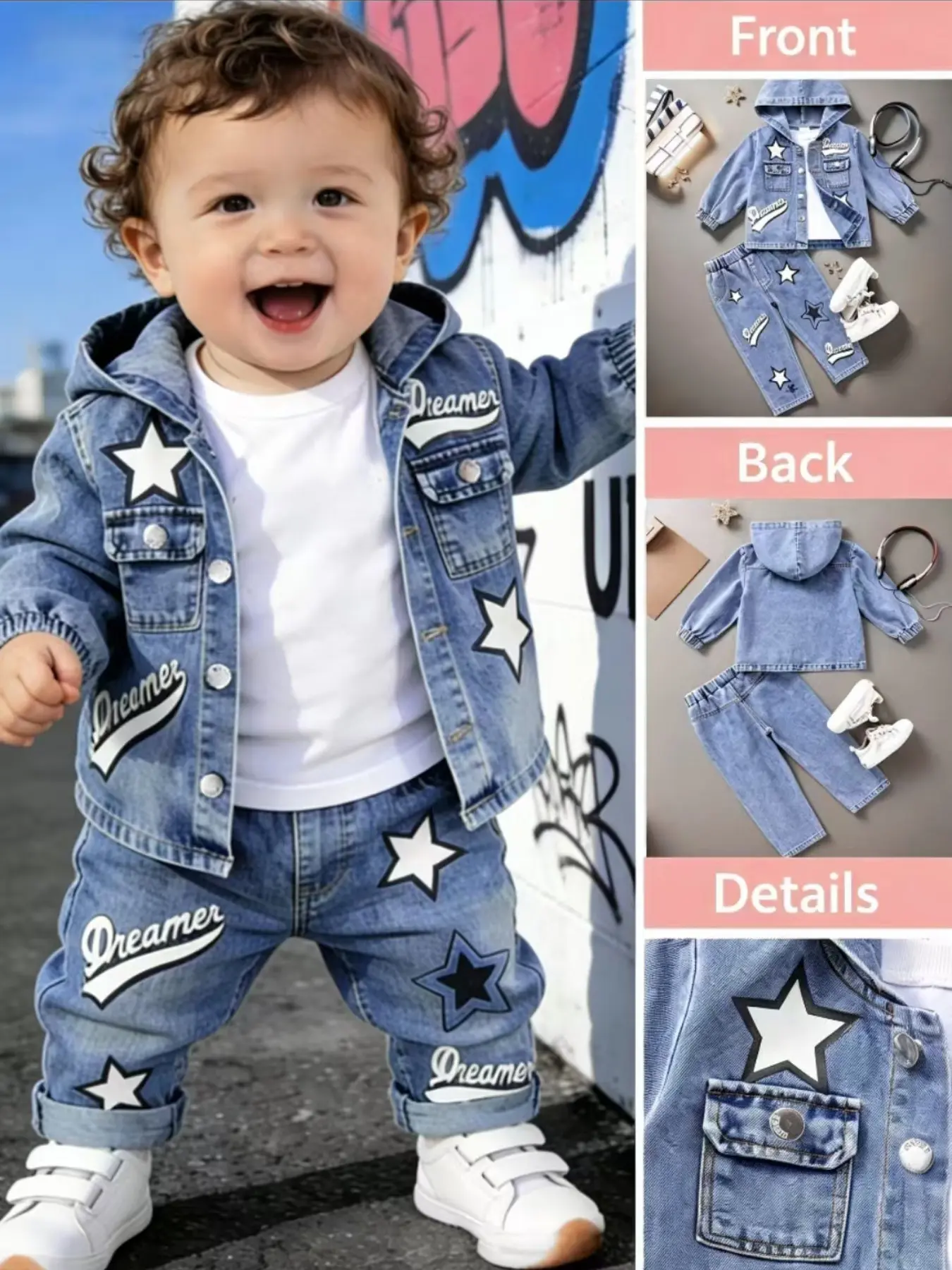 Baby Boy 2-Piece Denim Toddler Outfit Set, Star Print Hooded Jacket & Pants, Casual Loose Fit for 6M-3Y, Spring Autumn Daily Play & Outdoor Wear