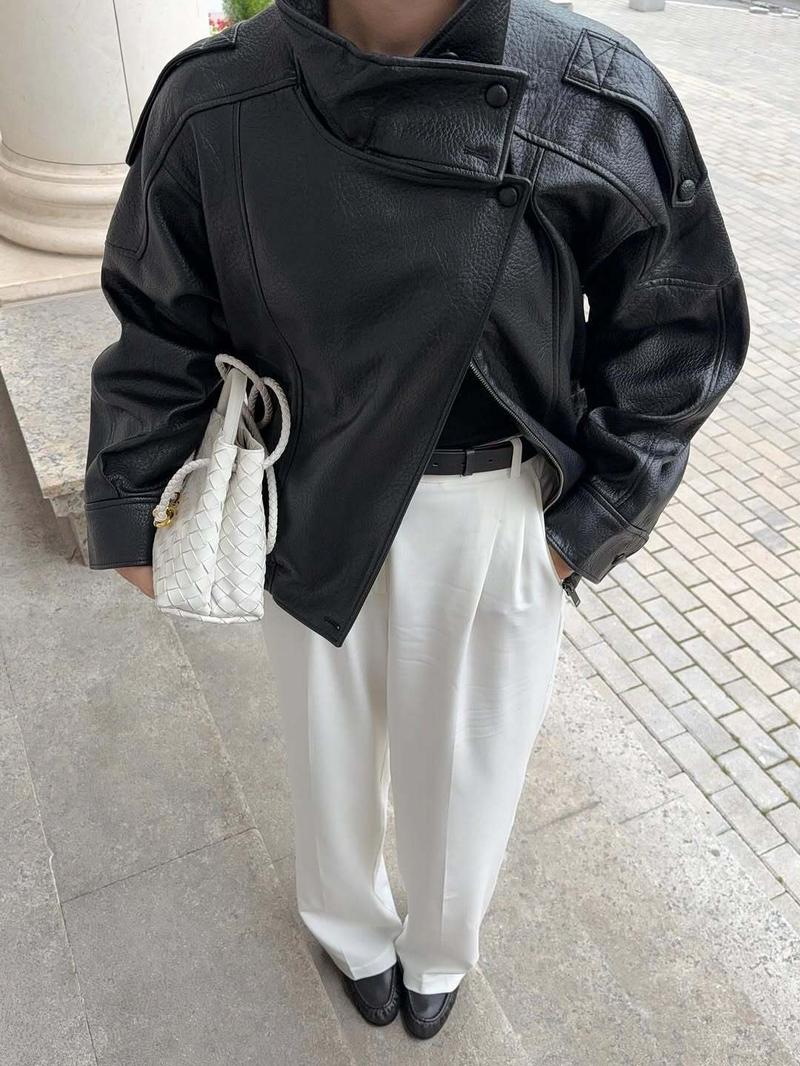 Women's Fashion Lychee-Grain PU Leather Jacket, European and American Style Biker Jackets for Autumn and Winter