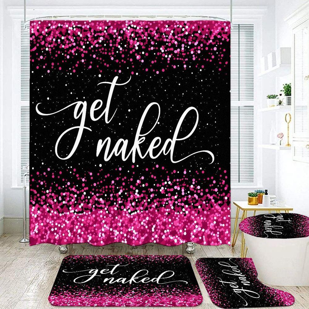 1/4pcs Pink & Black 'Get Naked' Bathroom Set, Shower Curtain with Confetti, Matching Toilet Seat Cover, 2 Bath Mats - Glamorous Playful Decor for Birthday, Party, Bridal Shower, Housewarming Gift