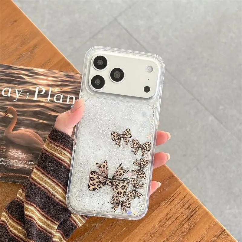 Leopard Bow Dynamic Quicksand Case for iPhone 17 16 15 Pro Max Transparent Glitter Moving Sand Hard Back Cover Fashion Girl Capa