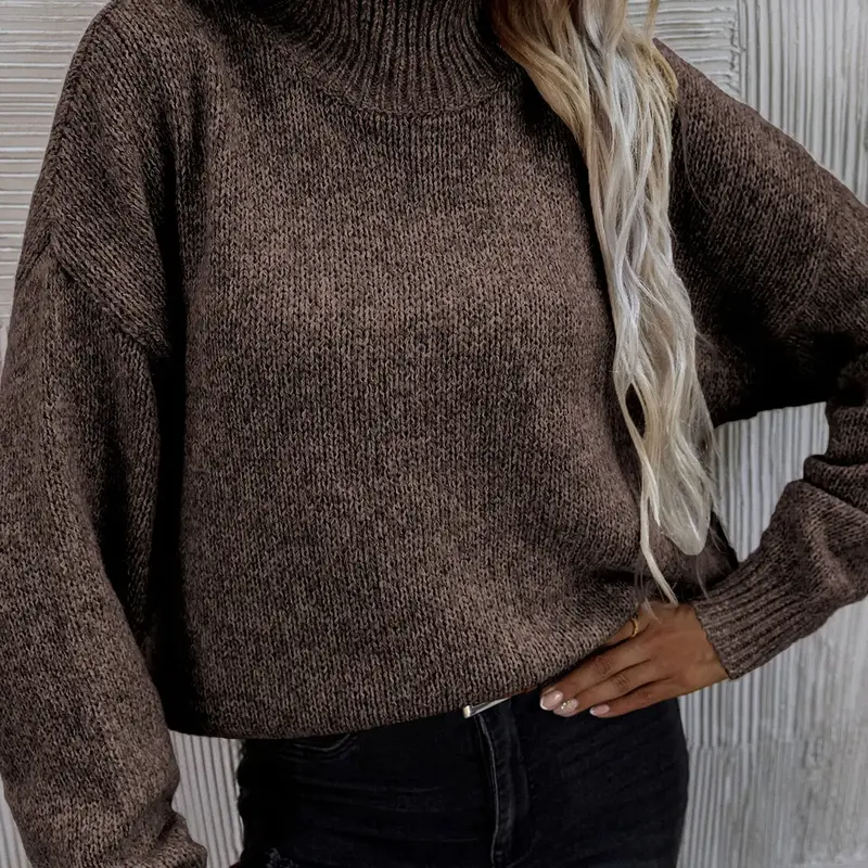 Women's Solid Drop Shoulder High Neck Sweater, Casual Long Sleeve Jumper for Fall & Winter, Fashion Ladies' Knitwear for Daily Wear, Fall Knit Top