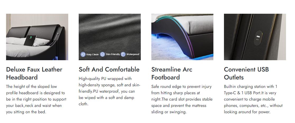 Sikaic Wave Like Curve LED Lighting Bed Frame With Charging Ports And Headboard Black Upholstered Platform Bedframe