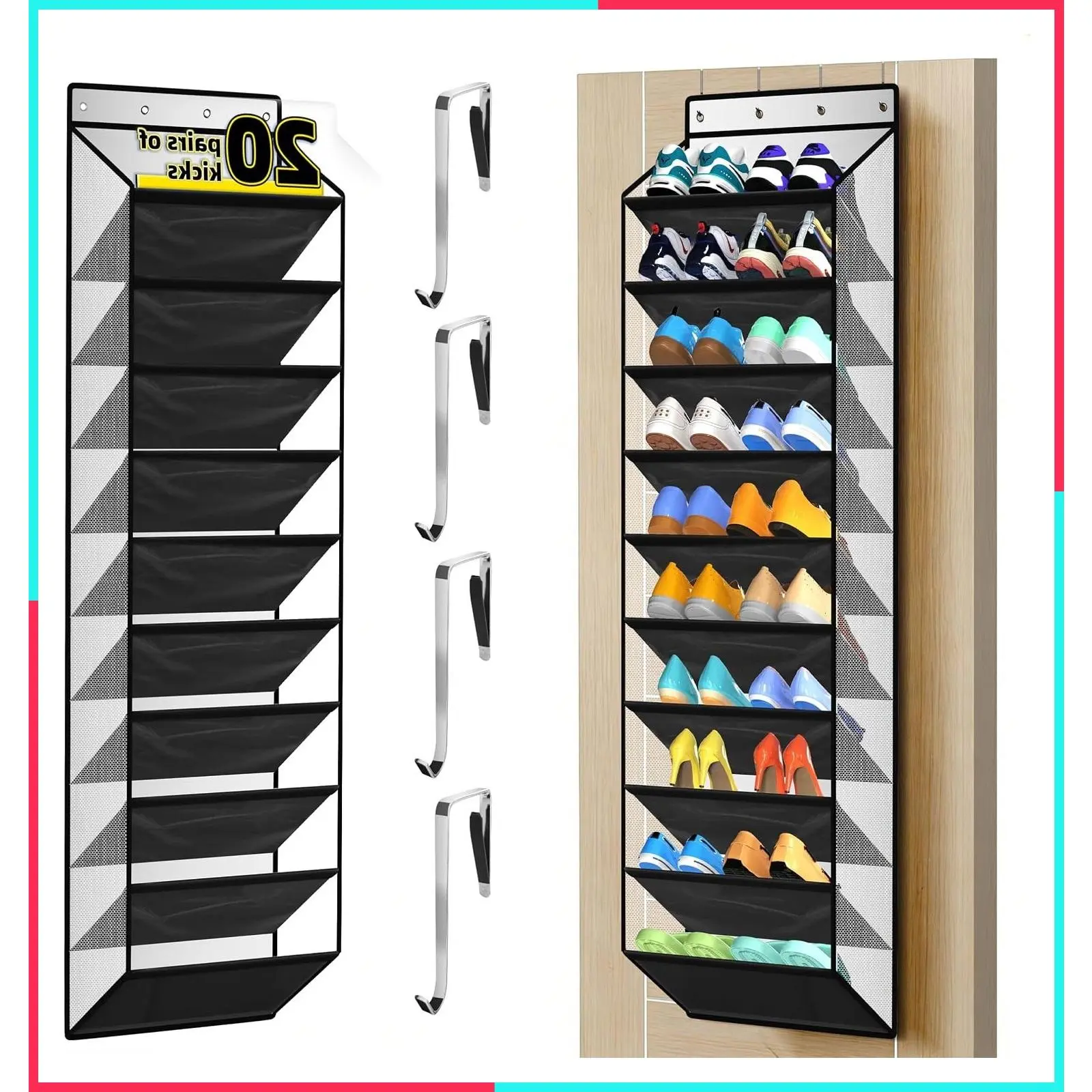 10-Pocket Multi-Use Over the Door Organizer, Heavy Duty 95lbs Capacity, Breathable Mesh, Versatile Hanging Storage for Shoes, Toys, Office Supplies - Classic Piano Gloss Black, 10-Shelf